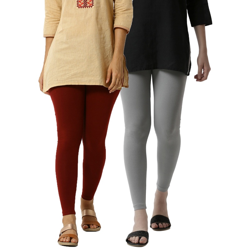 Superior Ankle Length Leggings Combo Pack of 2 Maroon&Light Grey