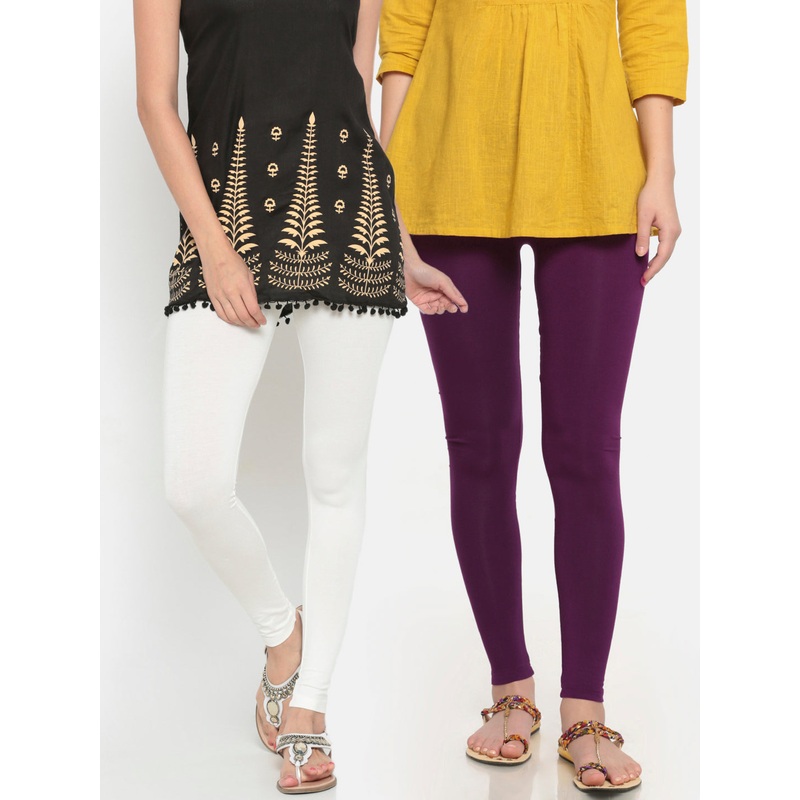 Superior Ankle Length Leggings Combo Pack of 2 Offwhite&Dark Purple