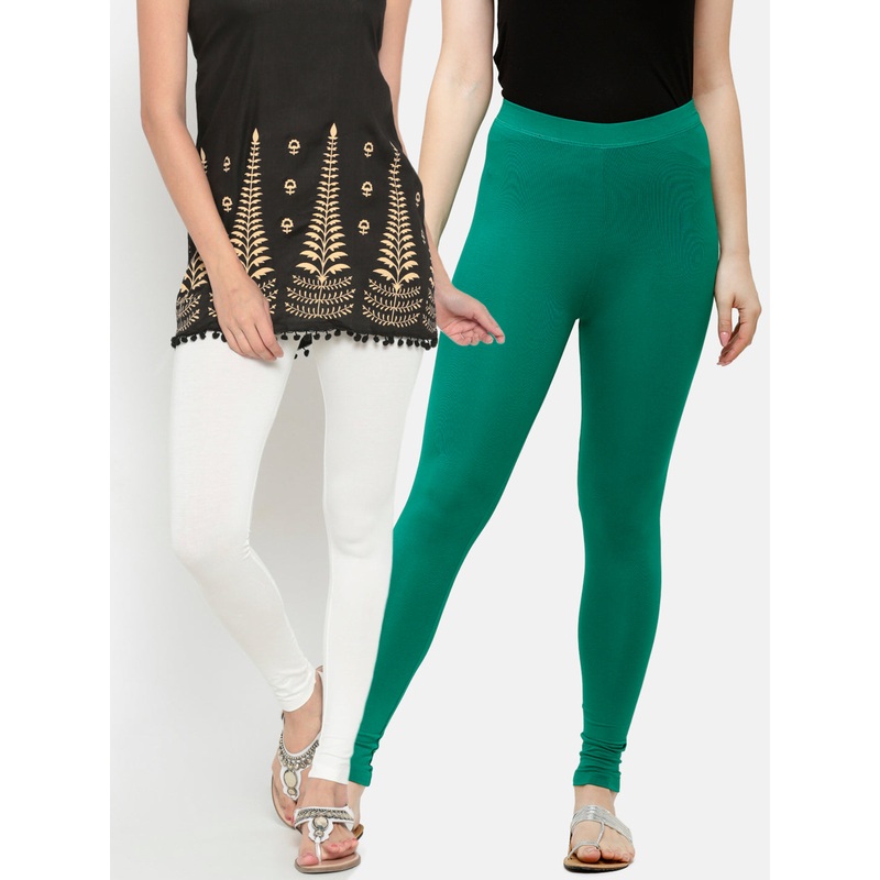 Superior Ankle Length Leggings Combo Pack of 2 Offwhite&Emerald Green