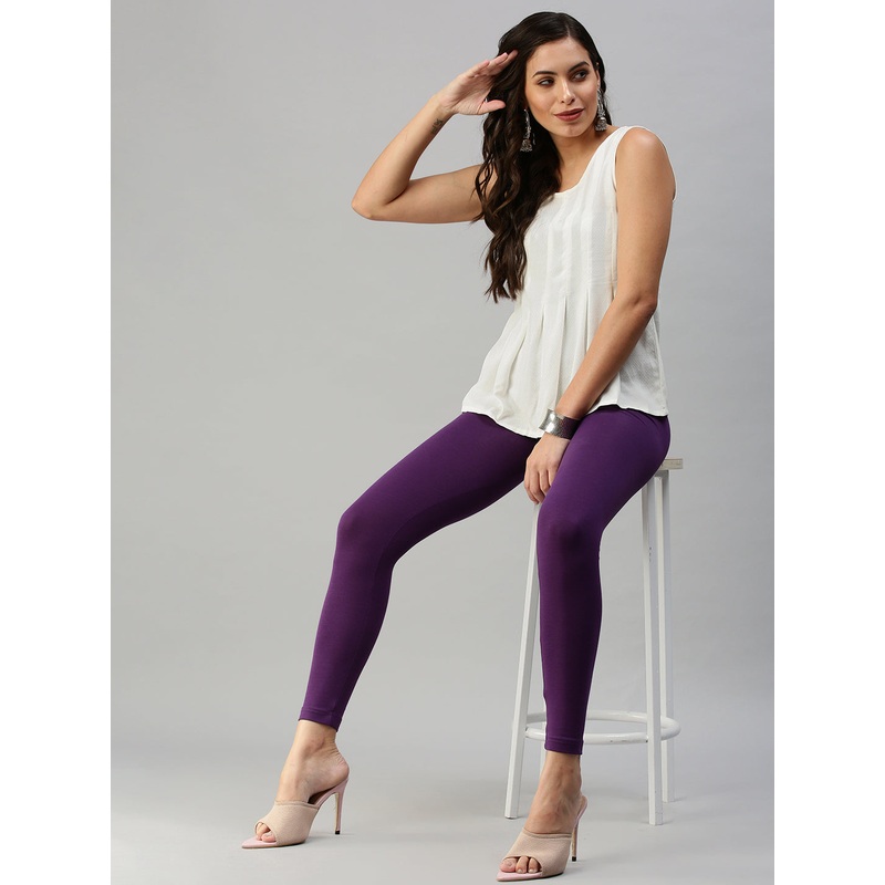 Womens Ankle Length Leggings Solid Cotton Purple