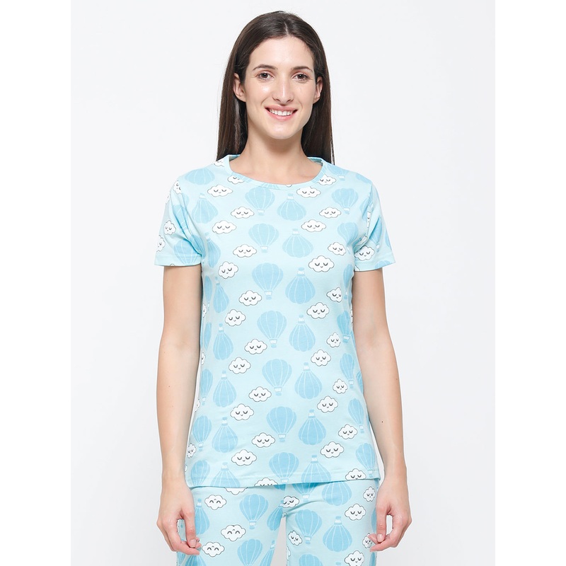 De Moza Ladies Printed Pyjama Set Light Blue