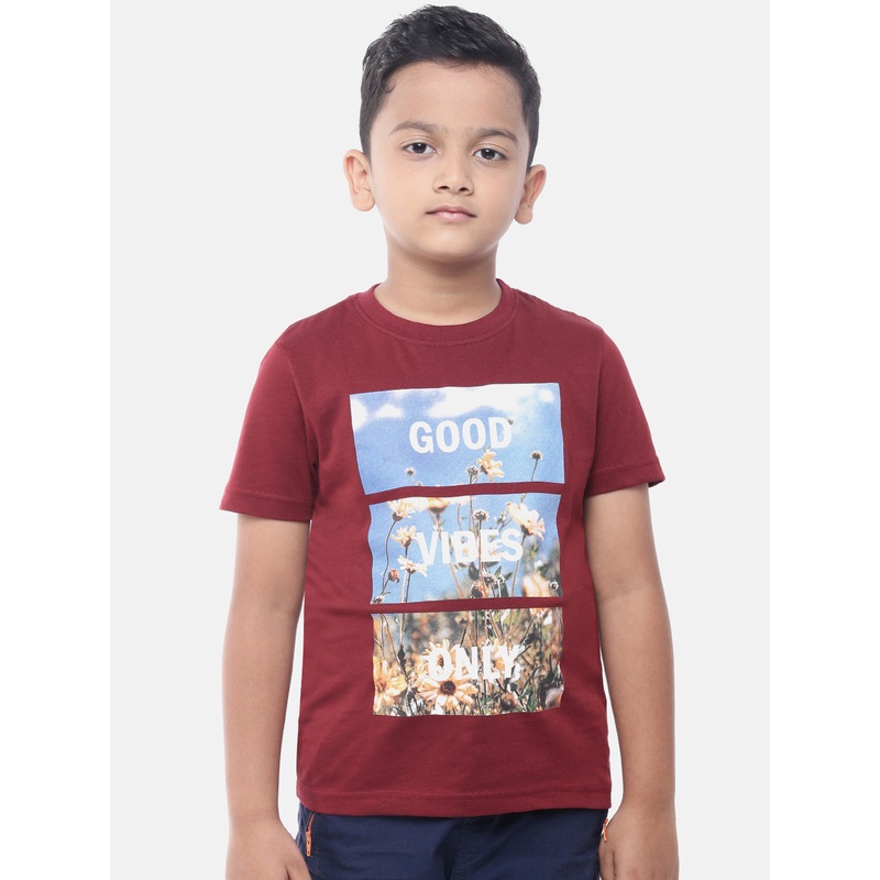 Kids – Boys Printed Half Sleeve T-Shirt Maroon
