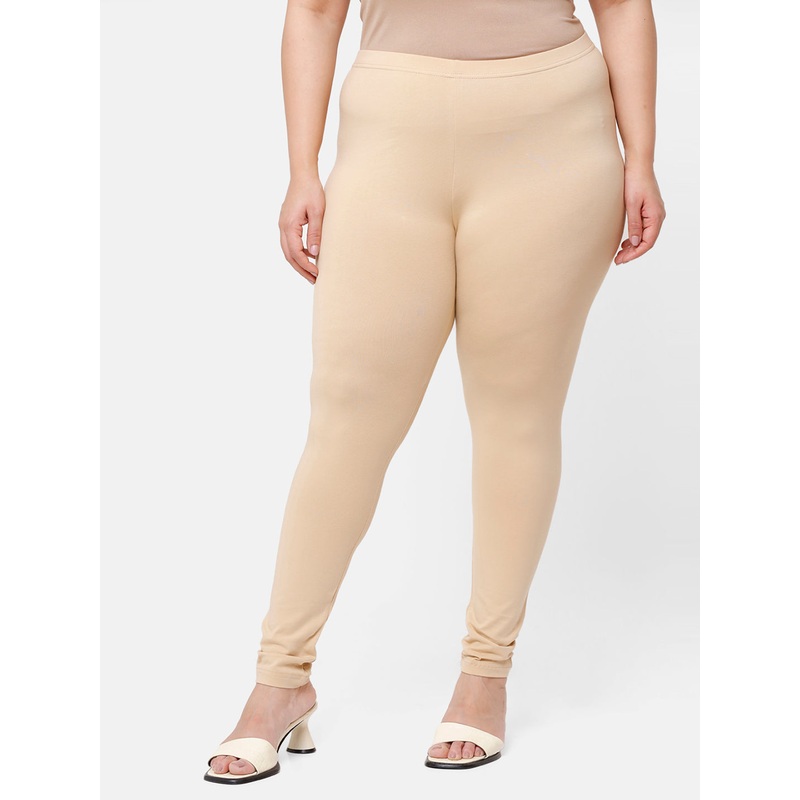 Ladies Plus Size Ankle Length Leggings Beige Solid Cotton