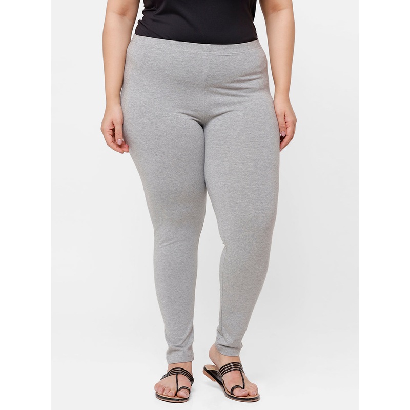 Ladies Plus Size Ankle Length Leggings  Grey Melange Solid Cotton