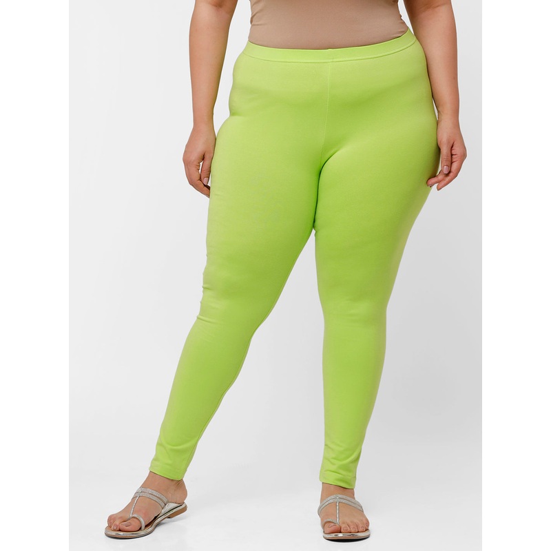 Ladies Plus Size Ankle Length Leggings Leaf Green Solid  Cotton