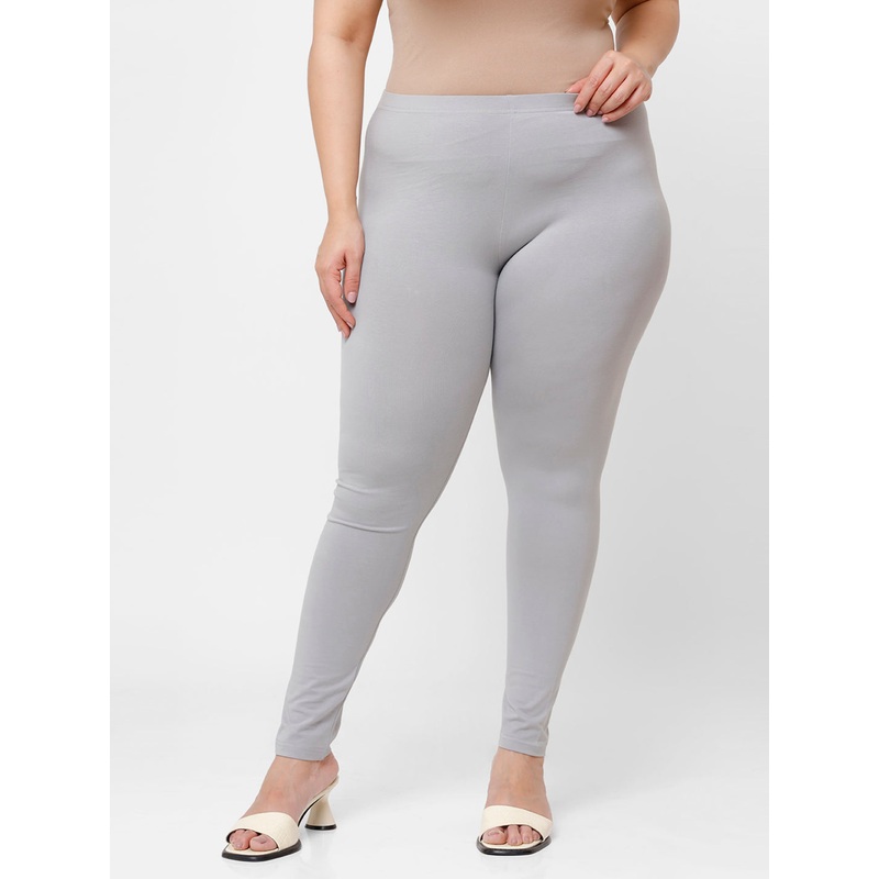Ladies Plus Size Ankle Length Leggings Light Grey Solid Cotton