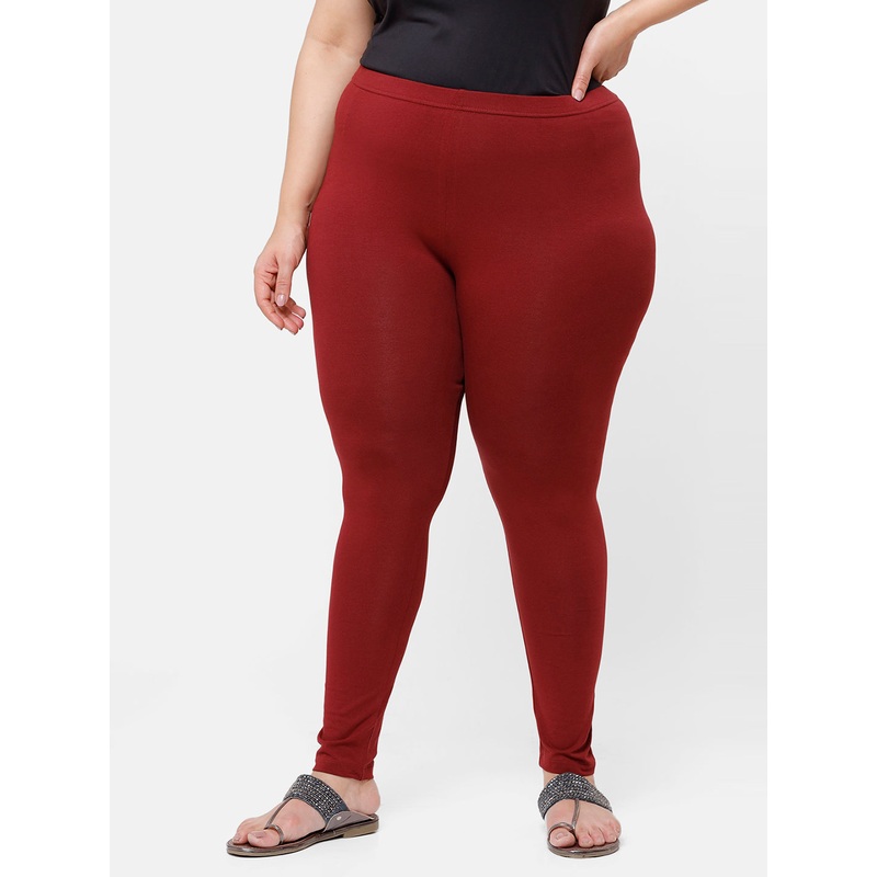 Ladies Plus Size Ankle Length Leggings Maroon Solid Cotton
