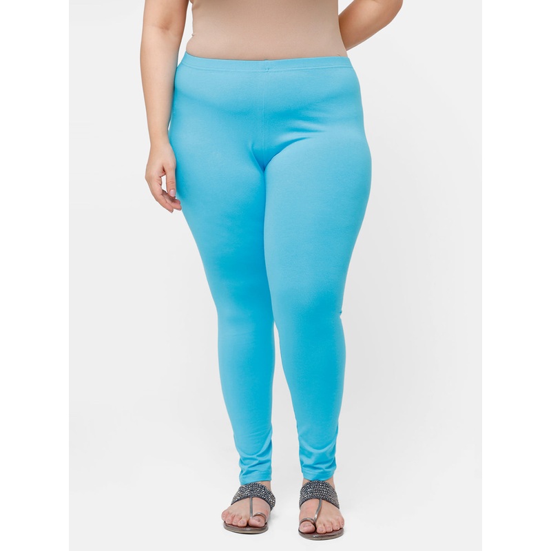 Ladies Plus Size Ankle Length Leggings Peacock Blue Solid Cotton