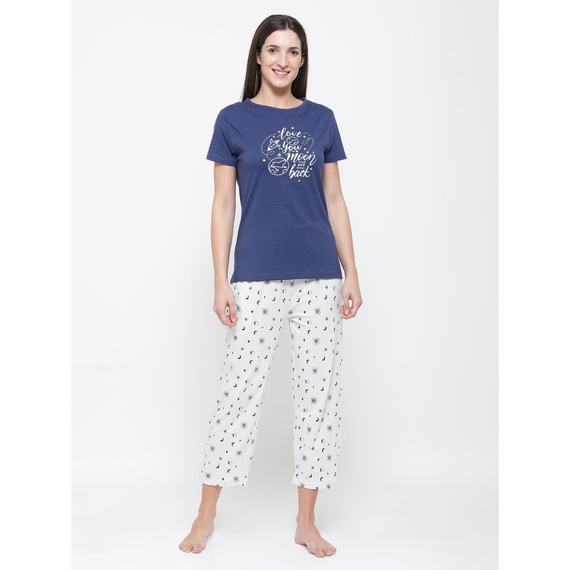 Ladies Printed Pyjama Blue Melange