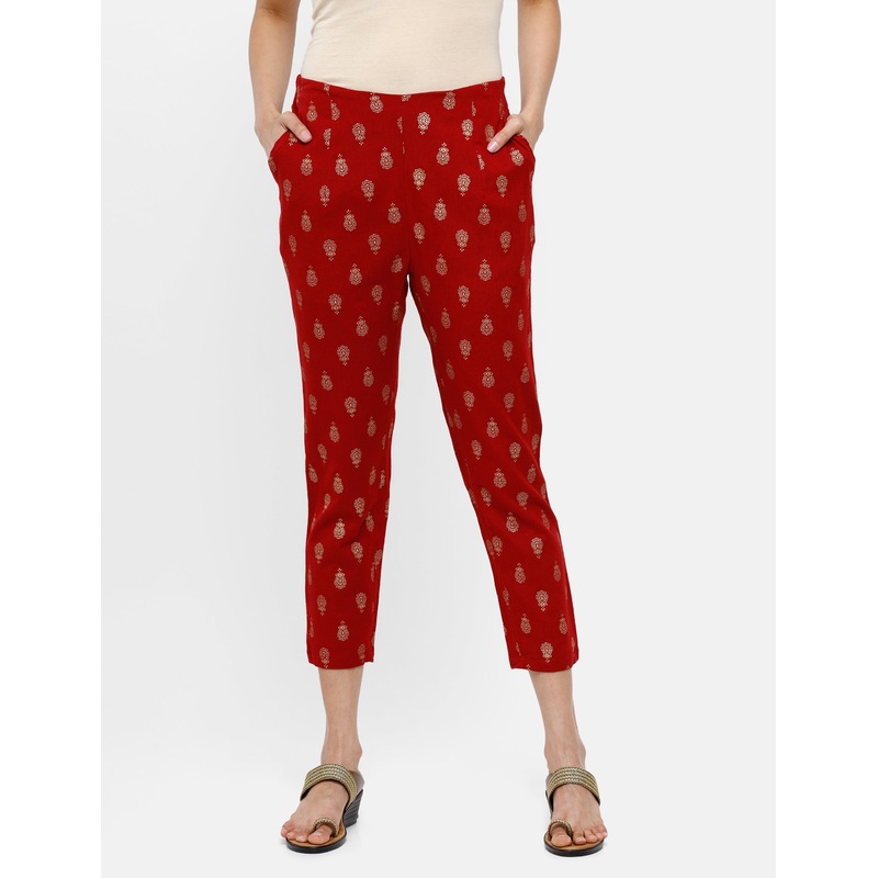 Ladies Printed Straight Pant Maroon