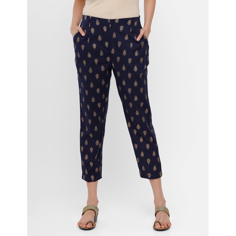 Ladies Printed Straight Pant Navy Blue