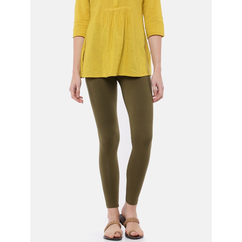 Ladies Superior Ankle Length Leggings Olive Green Solid Cotton