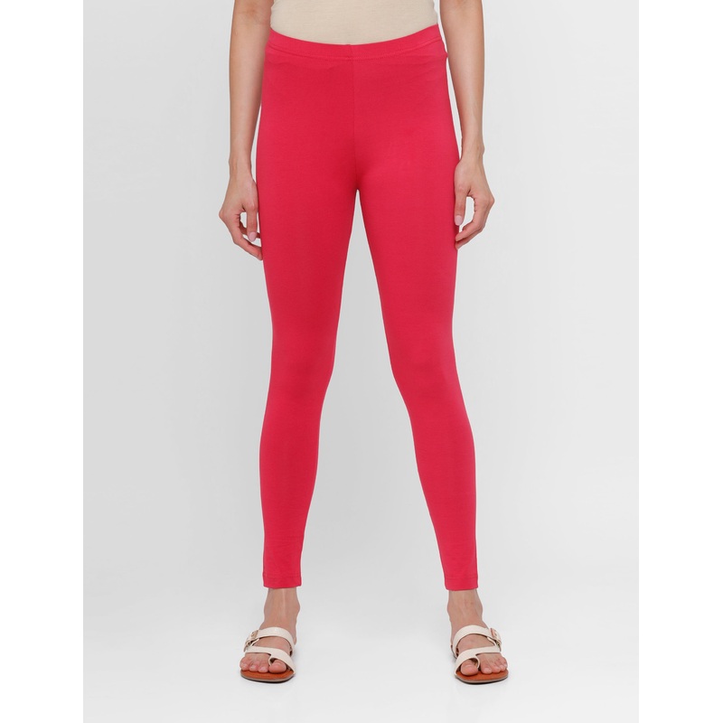 Women Ankle Length Leggings Dark Pink Solid Cotton