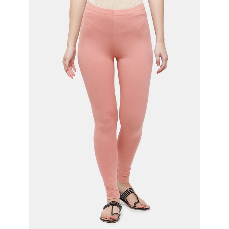 Women Ankle Length Leggings Solid Cotton Light Peach.
