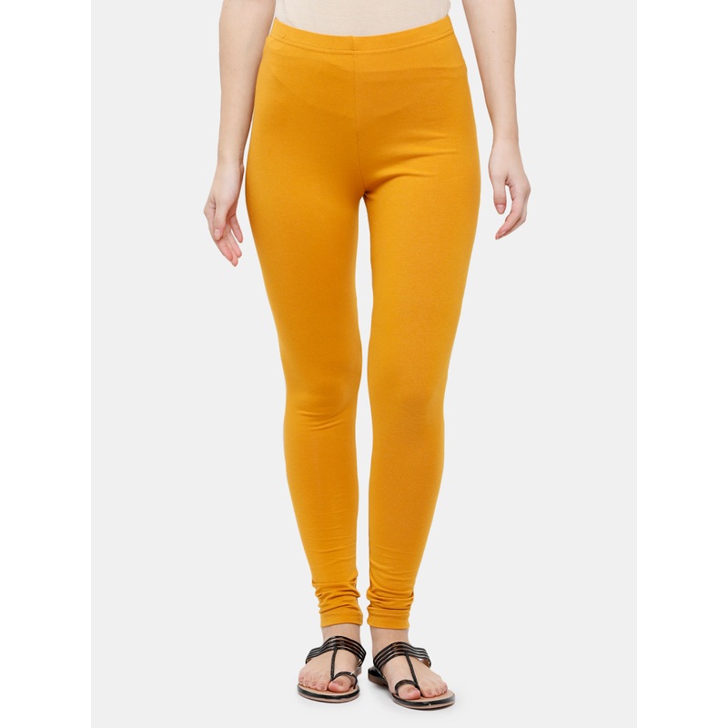Women Ankle Length Leggings Yellow Solid Cotton