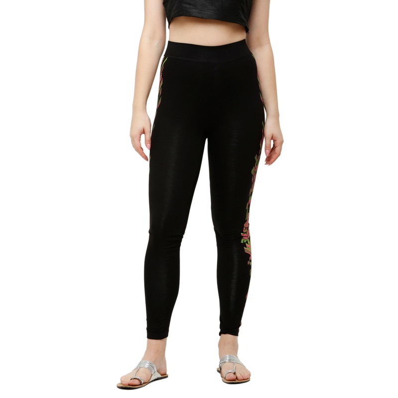 Ladies Ankle Length Leggings Printed Viscose Black