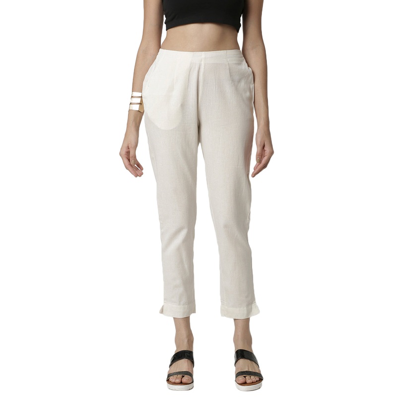 Ladies Cigarette Pant  Solid Cotton Flex Beige