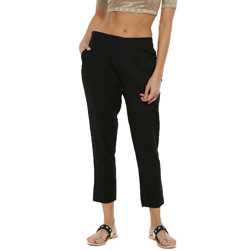 Ladies Cigarette Pant  Solid Cotton Flex Black