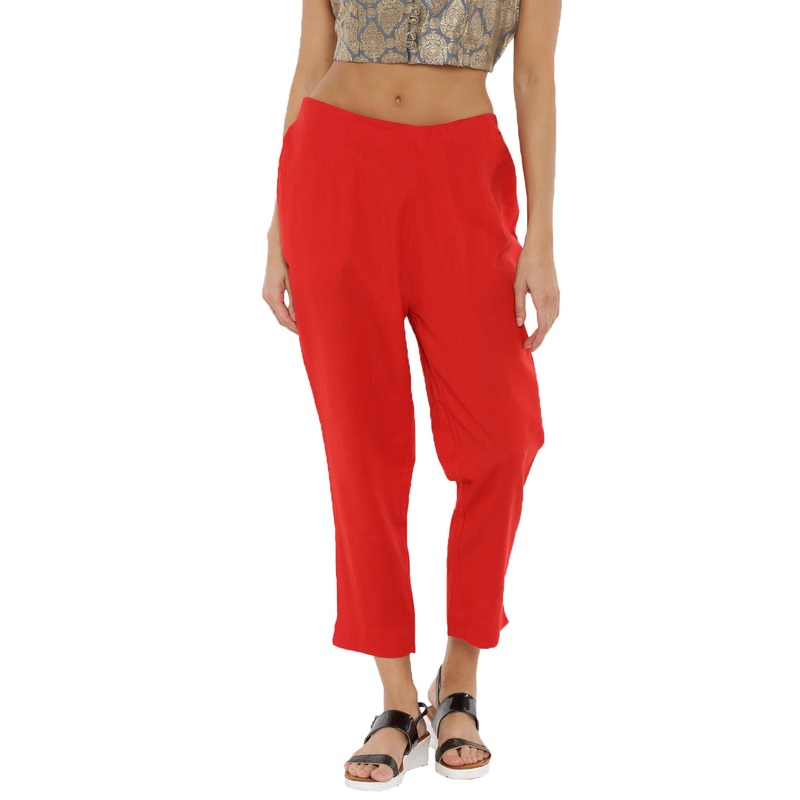 Ladies Cigarette Pant  Solid Cotton Flex Red