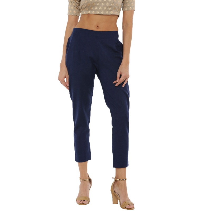 Ladies Cigarette Pant  Solid Cotton Navy Blue
