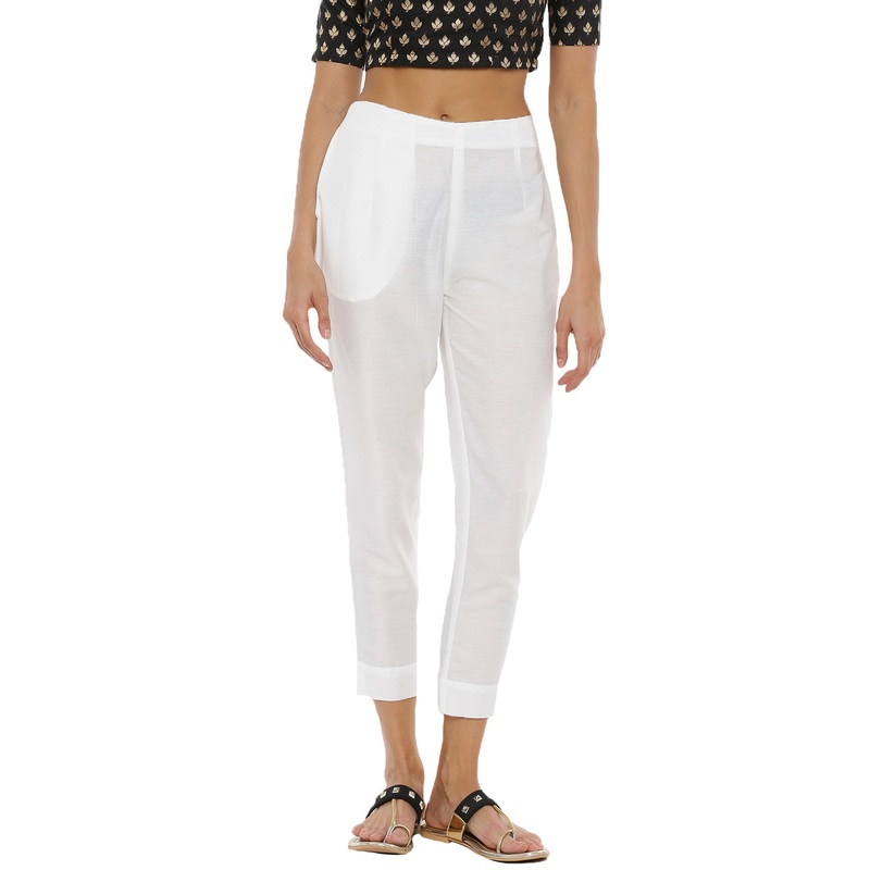 Ladies Cigarette Pant  Solid Polyester Offwhite