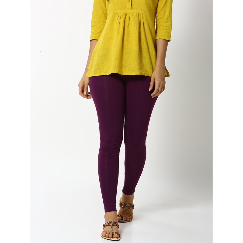 Women Ankle Length Leggings Solid Cotton Dark Purple