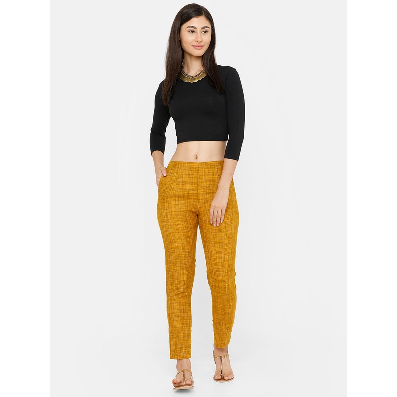 women’s Cigarette Pant  Printed Rayon Mustard