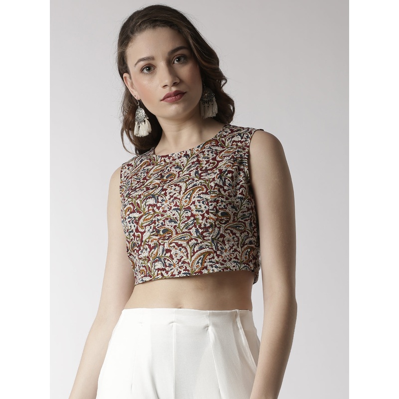Women’s Crop Woven Top All Over Print Cotton Maroon