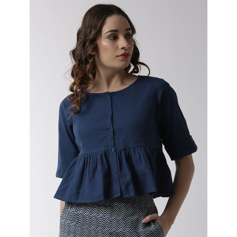Women’s Half Sleeve Woven Top Solid Cotton Indigo Blue