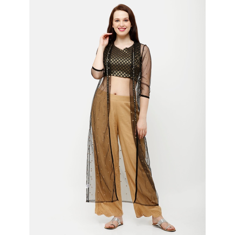 Women’s Knee Length Shrug Embrodry Polyester Black