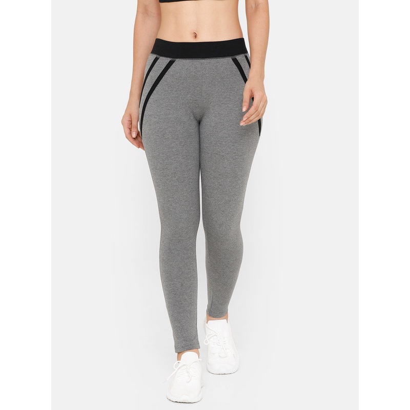 Women Sporty Ankle Length Leggings Solid Cotton Dark Grey Melange