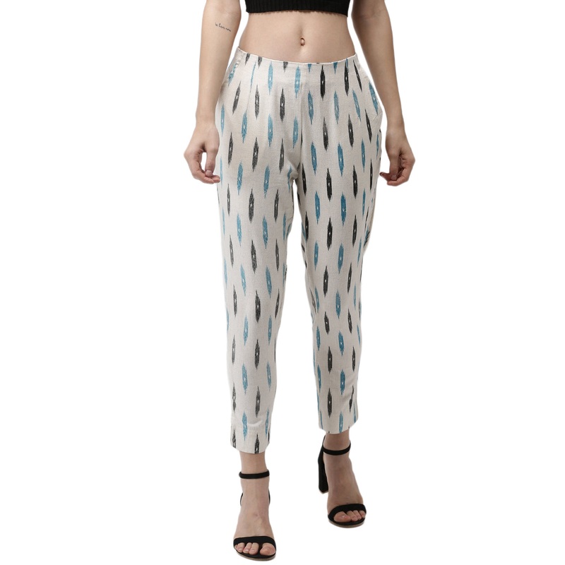 Ladies Printed Cigarette Pant Light Blue