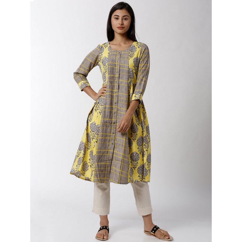 Silhouettes – Ladies Yellow with Grey Printed Round Neck Kurta