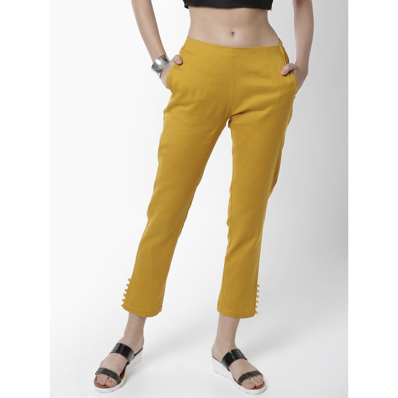 Women’s Cigarette Pant  Placement Print Cotton Mustard
