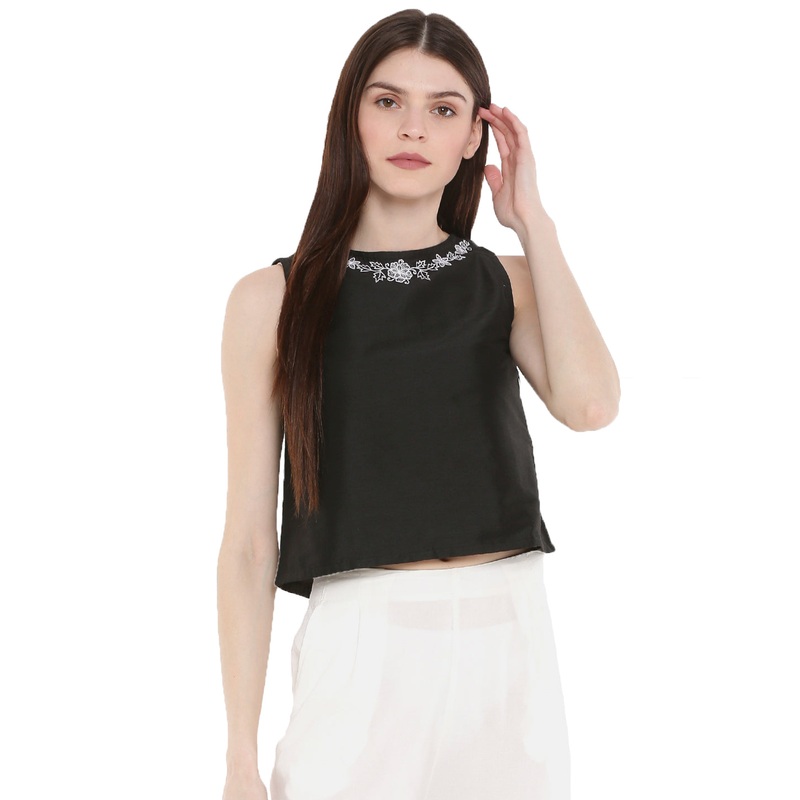 Ladies Embroidered Sleeveless Crop Top Black