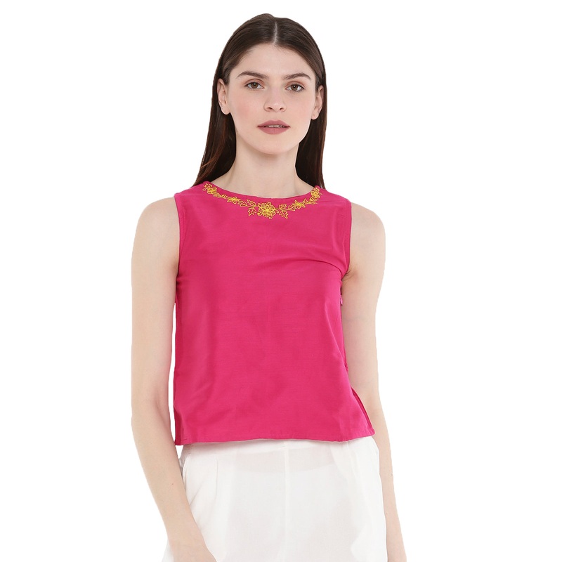 Ladies Embroidered Sleeveless Crop Top Fuchsia