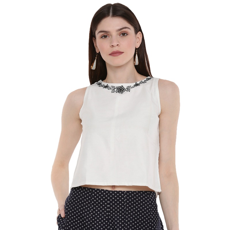 Ladies Embroidered Sleeveless Crop Top OffWhite