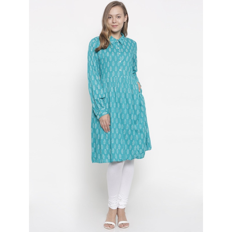 Ladies Printed Kurti Full Sleeve Teal Green