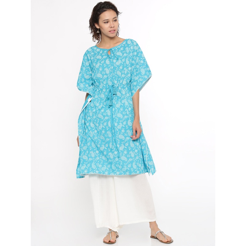 Ladies Printed Kurti Kaftan Sleeve Teal Green