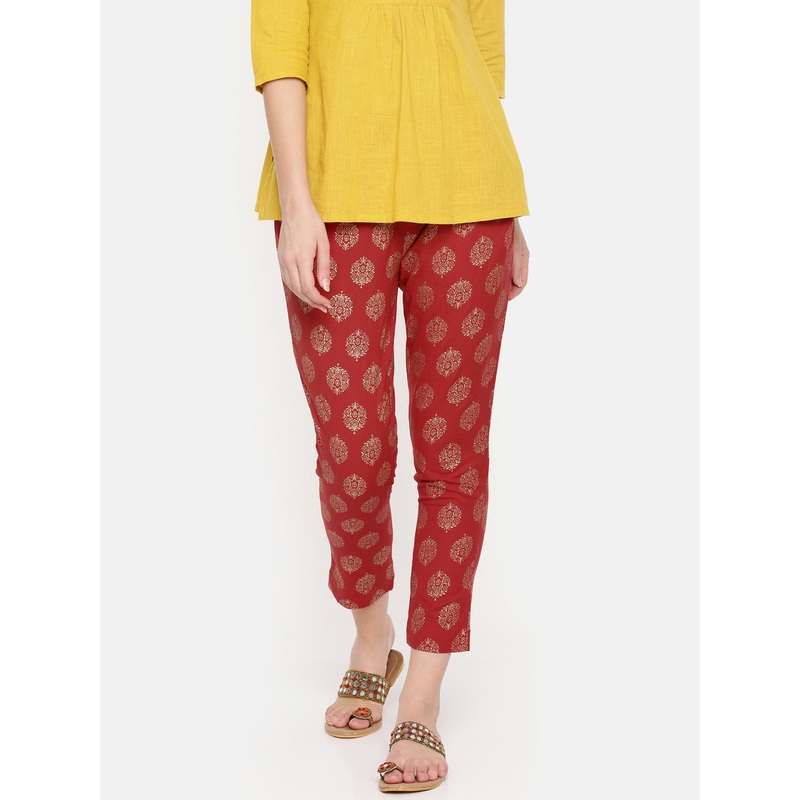 Ladies Red Printed Cigarette Trousers