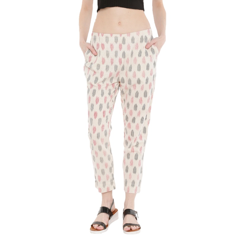 Ladies Woven Printed Cigarette Pant Offwhite