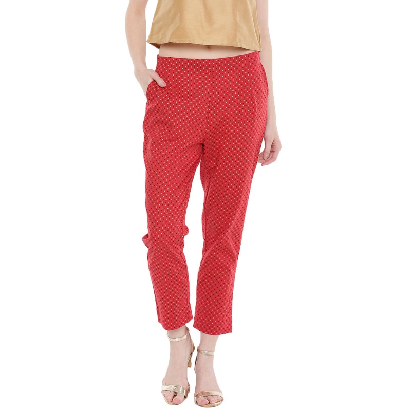 Ladies Woven Printed Cigarette Pant Red