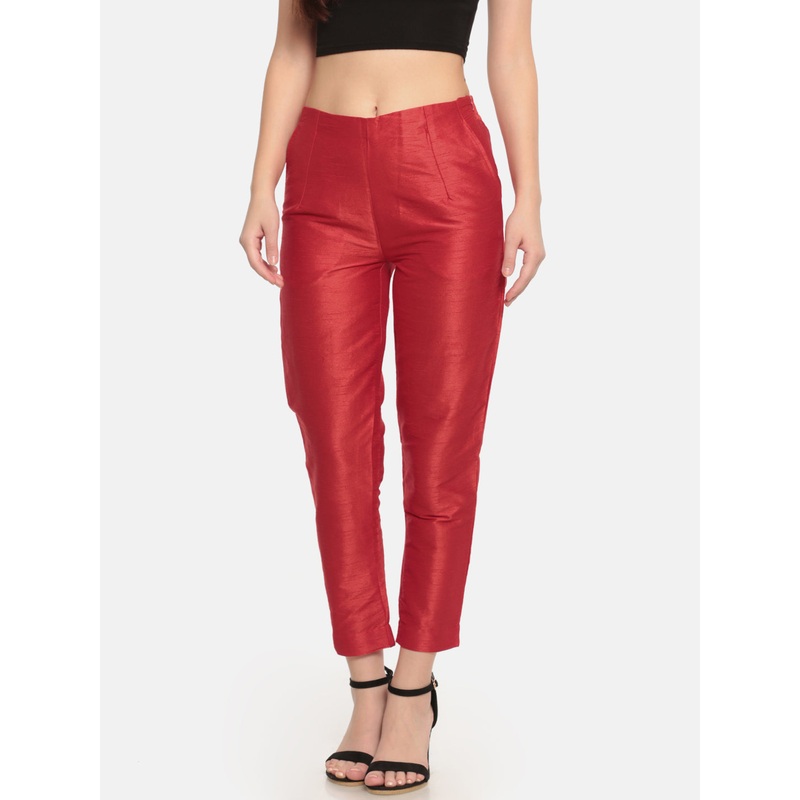 Women Red Straight Fit Solid Trouser