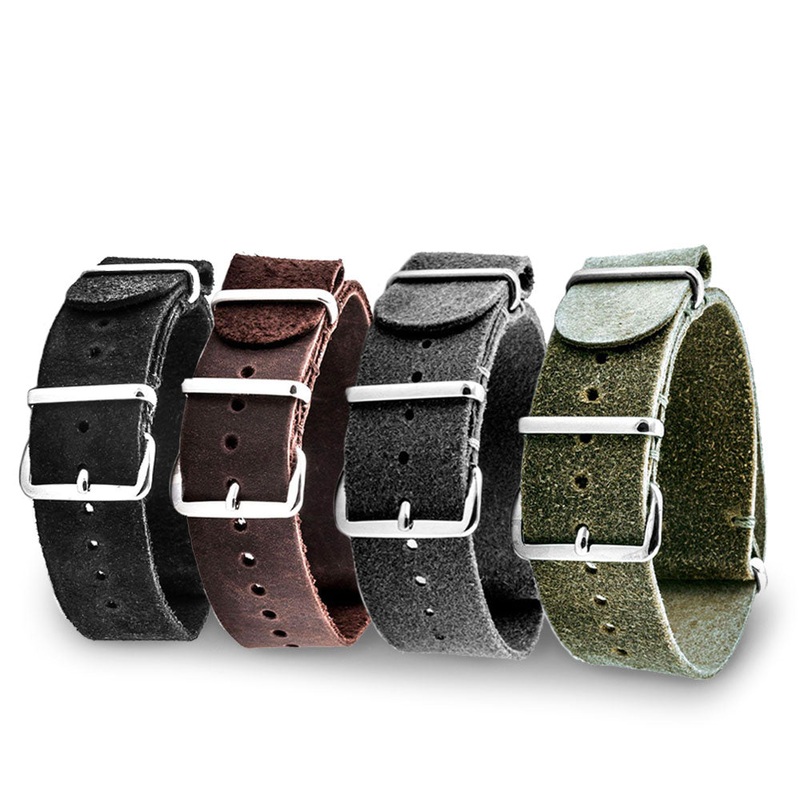 Bracelet-montre Nato cuir – Veau bross (noir, marron, gris, kaki)