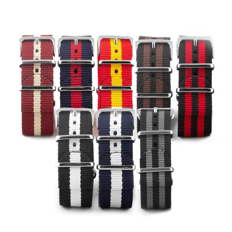 Bracelet-montre Nato – Nylon / Tissu – Rayures 2 couleurs (noir, marron, gris, bleu, rouge, blanc, jaune, beige)