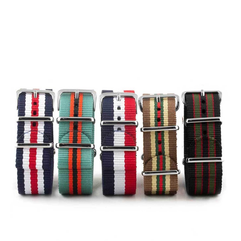 Bracelet montre Nato – Nylon / Tissu – Rayures 3/4 couleurs (noir, marron, bleu, rouge, blanc, orange, kaki, beige)