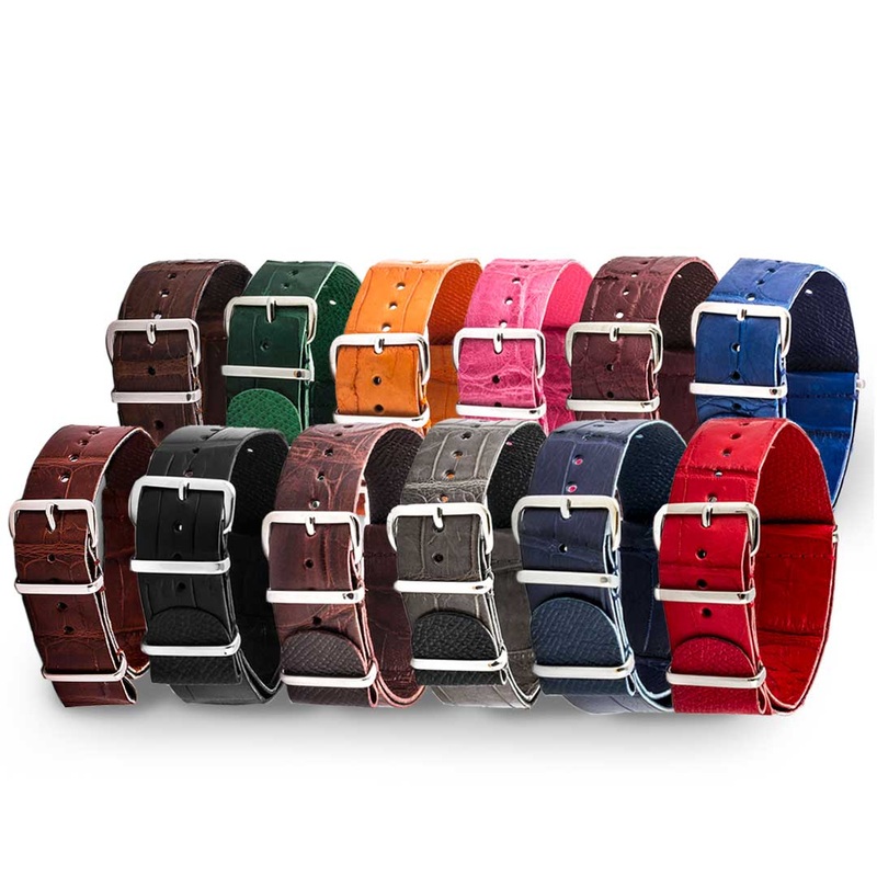 Bracelet montre Nato Wild cuir – Alligator sauvage (noir, marron, gris, bleu, rouge, orange, vert, orange…)