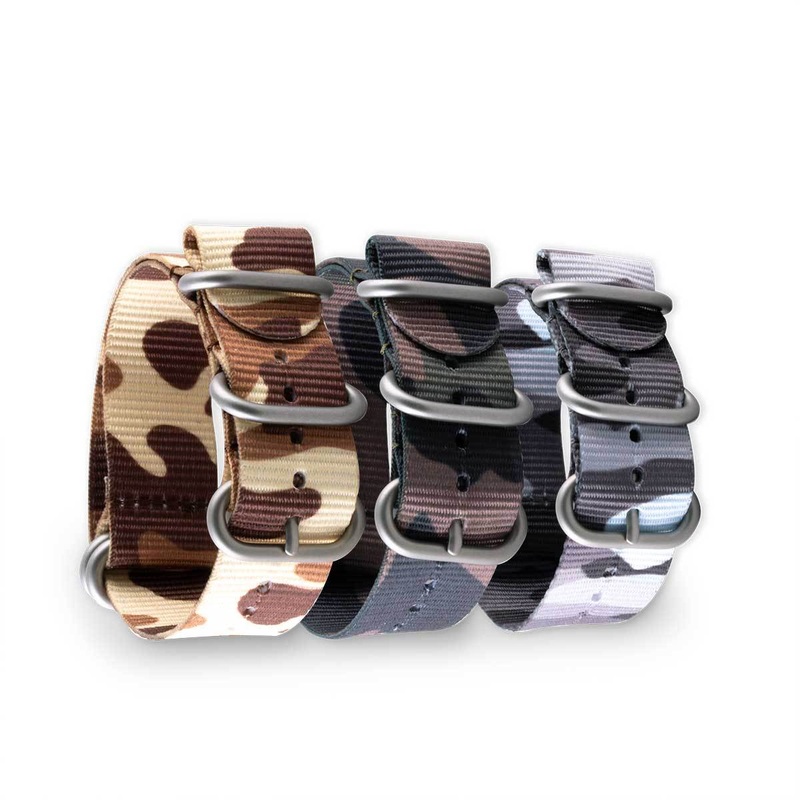 Bracelet montre Zulu 5 anneaux – Nylon / tissu Camo (marron, marron/vert, gris)