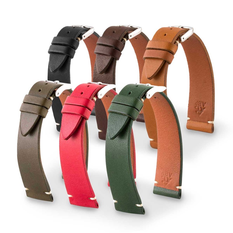 Bracelet Retro – Bracelet montre cuir – Veau type barenia (noir, marron, kaki, rouge, vert)
