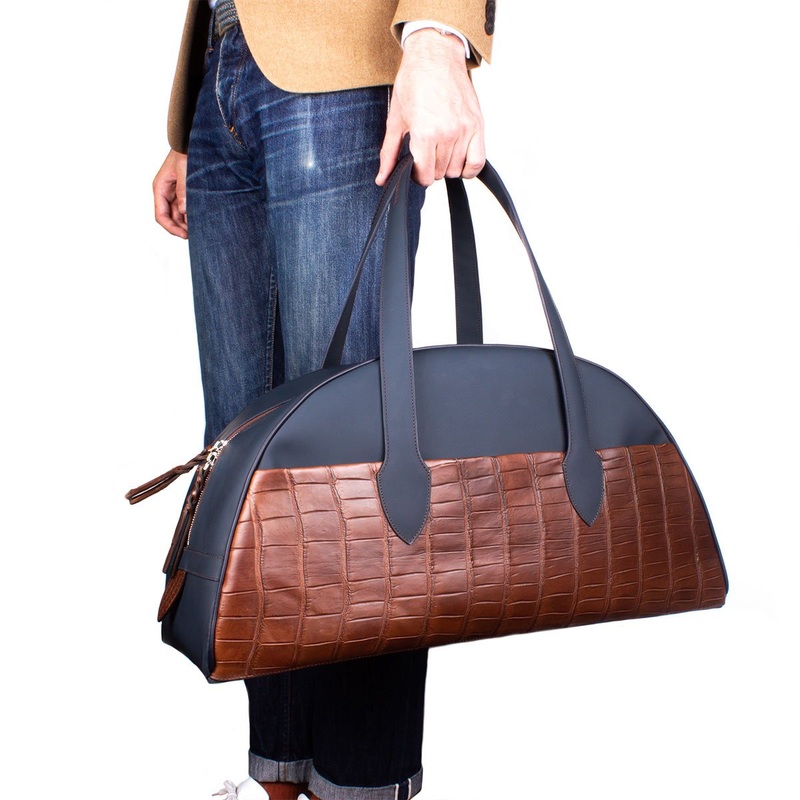 Sac voyage cuir – Veau bleu / Alligator marron